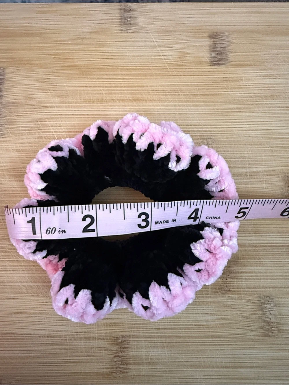 Hand Crafted Black & Pink Plush Flower Scrunchie